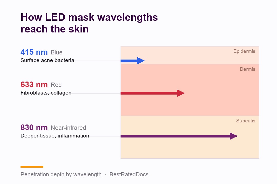 How LED mask wavelengths reach the skin: 415 nm blue, 633 nm red and 830 nm near-infrared penetration depth